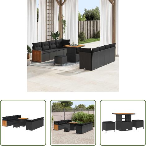 vidaXL Sofás de terraza -  Conjunto de sofás de jardín con cojín 11 pcs Negro