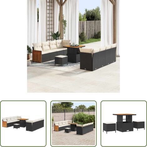 vidaXL Sofás de terraza -  Conjunto de sofás de jardín con cojín 11 pcs Negro y crema