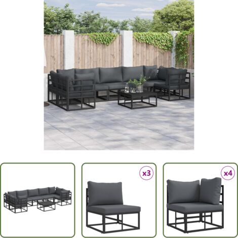 vidaXL Sofás de terraza -  Conjunto de sofás de jardín con cojín 8 pcs Negro Aluminio