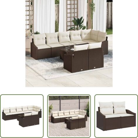vidaXL Sofás de terraza -  Conjunto de sofás de jardín con cojín 9 pcs Marrón y crema