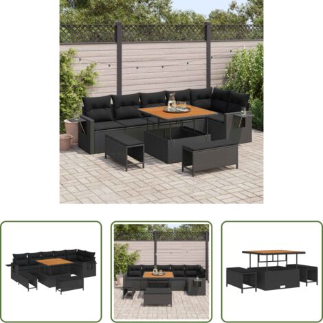 vidaXL Sofás exteriores -  Conjunto de sofás de jardín 11 pcs Negro ratán sintético