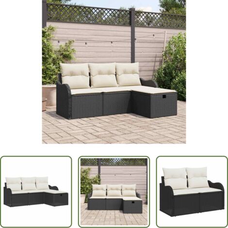 vidaXL Sofás exteriores -  Conjunto de sofás de jardín 4 pcs Negro y crema ratán sintético