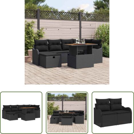 vidaXL Sofás exteriores -  Conjunto de sofás de jardín 7 pcs Negro ratán sintético