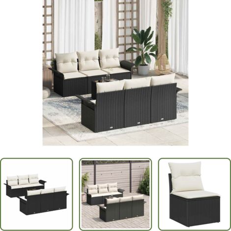 vidaXL Sofás exteriores -  Conjunto de sofás de jardín 7 pcs Negro y crema ratán sintético