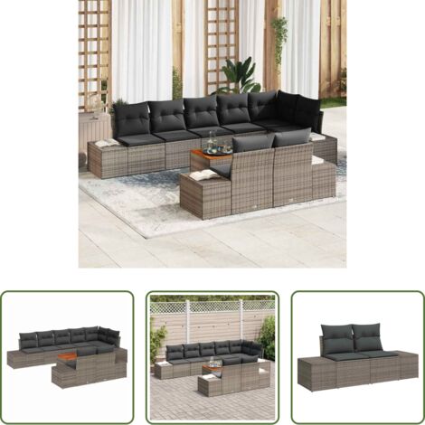 vidaXL Sofás exteriores -  Conjunto de sofás de jardín 9 pcs Gris ratán sintético