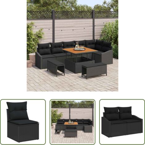 vidaXL Sofás exteriores -  Conjunto de sofás de jardín con cojín 9 pcs Negro Poliratán