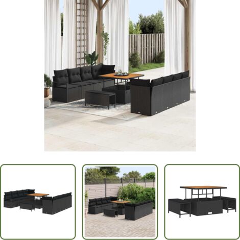 vidaXL Sofás modulares -  Conjunto de sofás de jardín 11 pcs Negro ratán sintético