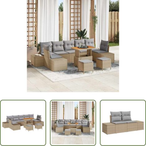 vidaXL Sofás modulares -  Conjunto de sofás de jardín con cojín 10 pcs Beige Poliratán