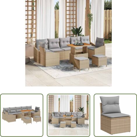 vidaXL Sofás modulares -  Conjunto de sofás de jardín con cojín 10 pcs Beige Poliratán