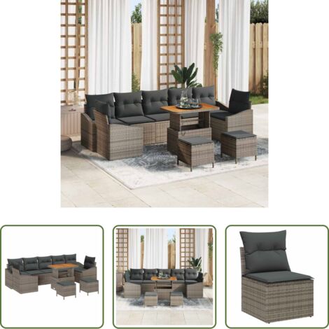 vidaXL Sofás modulares -  Conjunto de sofás de jardín con cojín 10 pcs Gris Poliratán