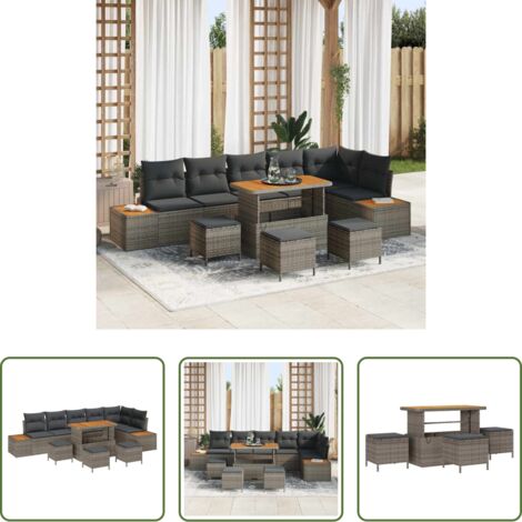 vidaXL Sofás modulares -  Conjunto de sofás de jardín con cojín 10 pcs Gris Poliratán