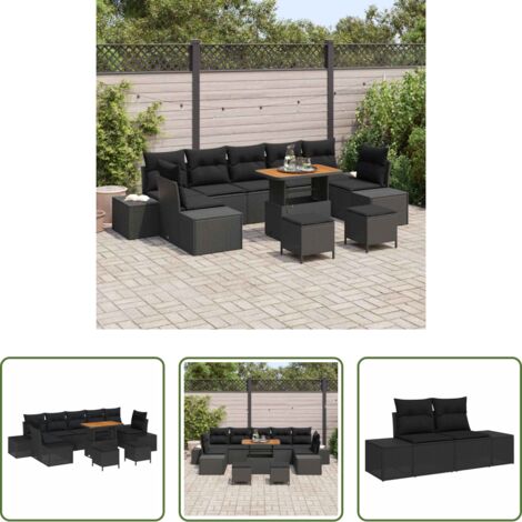 vidaXL Sofás modulares -  Conjunto de sofás de jardín con cojín 10 pcs Negro Poliratán