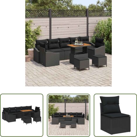 vidaXL Sofás modulares -  Conjunto de sofás de jardín con cojín 10 pcs Negro Poliratán