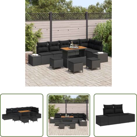 vidaXL Sofás modulares -  Conjunto de sofás de jardín con cojín 10 pcs Negro Poliratán