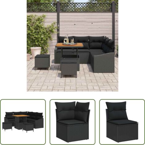 vidaXL Sofás modulares -  Conjunto de sofás de jardín con cojín 8 pcs Negro Poliratán