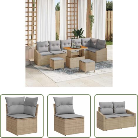 vidaXL Sofás modulares -  Conjunto de sofás de jardín con cojín 9 pcs Beige Poliratán