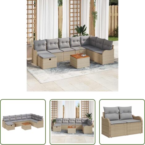 vidaXL Sofás modulares -  Conjunto de sofás de jardín con cojín 9 pcs Beige Poliratán