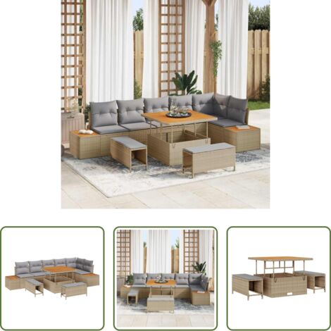vidaXL Sofás modulares -  Conjunto de sofás de jardín con cojín 9 pcs Beige Poliratán