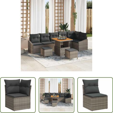 vidaXL Sofás modulares -  Conjunto de sofás de jardín con cojín 9 pcs Gris Poliratán
