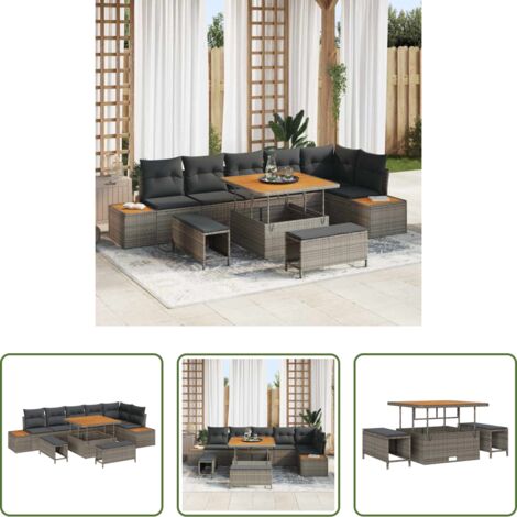 vidaXL Sofás modulares -  Conjunto de sofás de jardín con cojín 9 pcs Gris Poliratán