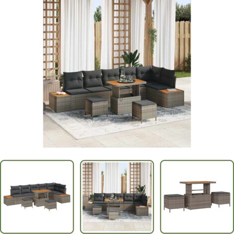 vidaXL Sofás modulares -  Conjunto de sofás de jardín con cojín 9 pcs Gris Poliratán