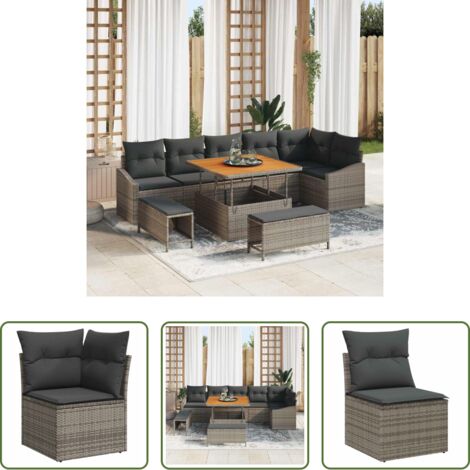 vidaXL Sofás modulares -  Conjunto de sofás de jardín con cojín 9 pcs Gris Poliratán