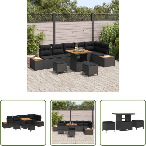 vidaXL Sofás modulares -  Conjunto de sofás de jardín con cojín 9 pcs Negro Poliratán