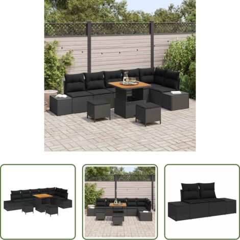 vidaXL Sofás modulares -  Conjunto de sofás de jardín con cojín 9 pcs Negro Poliratán