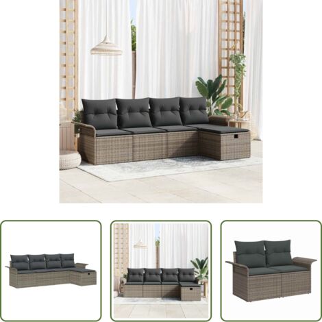vidaXL Sofás modulares -  Conjunto de sofás de jardín Manual 5 pcs Gris ratán sintético