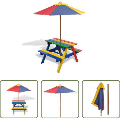vidaXL Sombrilla para niños -  Mesa de picnic y bancos de niños y sombrilla madera multicolor