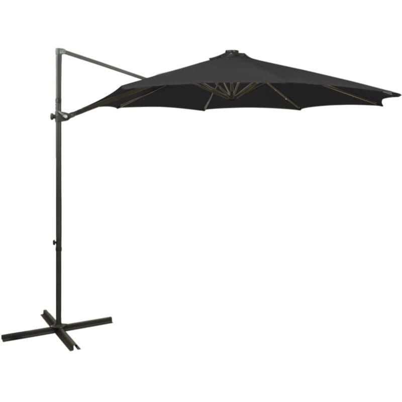 

vidaXL Sombrilla voladiza con poste y luces LED negro 300 cm - Negro