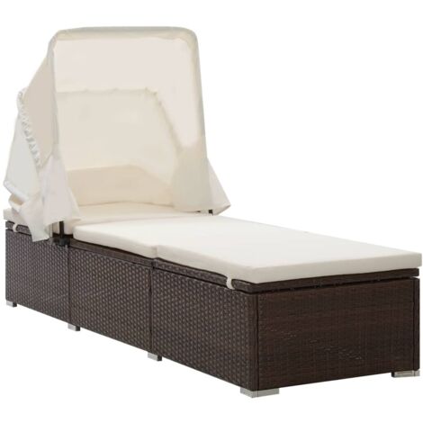 vidaXL Sonnenliege mit Dach und Kissen Poly Rattan Braun