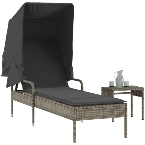 vidaXL Sonnenliege mit Dach und Tisch Grau Poly Rattan