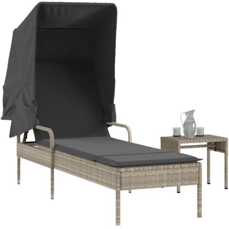 vidaXL Sonnenliege mit Dach und Tisch Hellgrau Poly Rattan