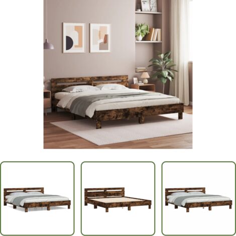 vidaXL Soporte para espalda -  Cama con cabecero madera de ingeniería roble ahumado 160x200 cm