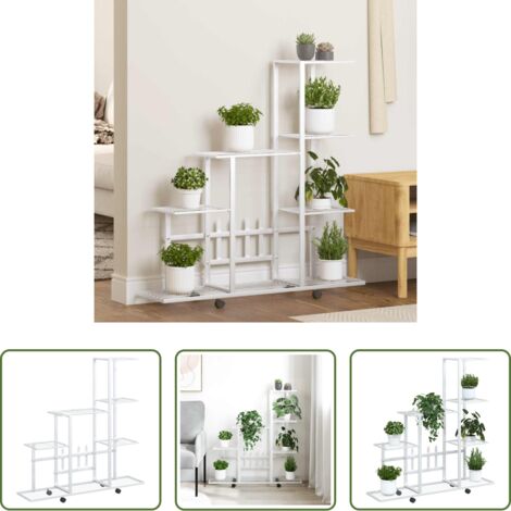 vidaXL Soporte para macetas -  Soporte de flores con rueda de metal blanco 94,5x25x92,5 cm