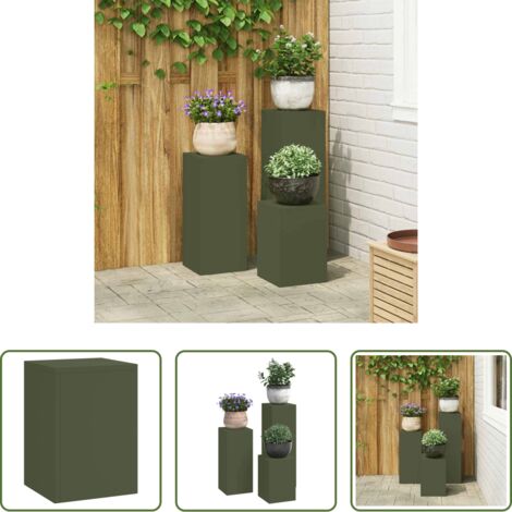 vidaXL Soporte para plantas exteriores -  Soporte de plantas 3 pcs Verde oliva Acero
