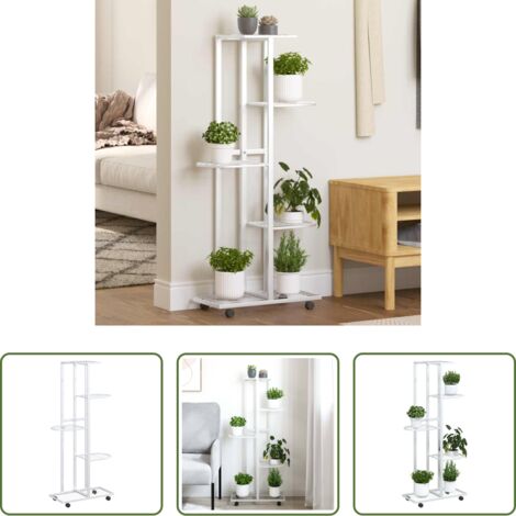 vidaXL Soporte para plantas -  Soporte para flores 5 alturas ruedas hierro blanco 44x23x100cm