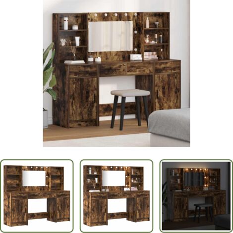 vidaXL Specchio acrilico -  Set da tavolo da trucco con LED con cassetto 3 pcs Rovere fumé