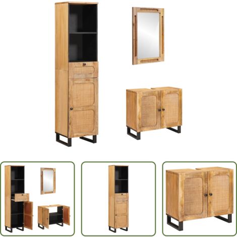 vidaXL Specchio da bagno -  Set da Bagno con porta 3 pcs Naturale Legno di mango massello