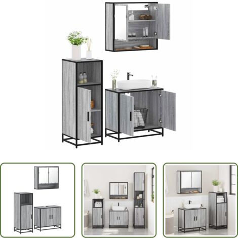 vidaXL Specchio da bagno -  Set Mobili da Bagno 3 pz Grigio Sonoma in Legno Multistrato