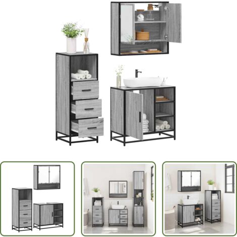 vidaXL Specchio da bagno -  Set Mobili da Bagno 3 pz Grigio Sonoma in Legno Multistrato