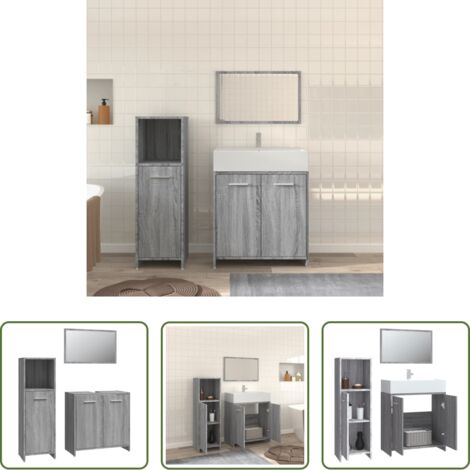 vidaXL Specchio da bagno -  Set Mobili da Bagno 3 pz Grigio Sonoma in Legno Multistrato