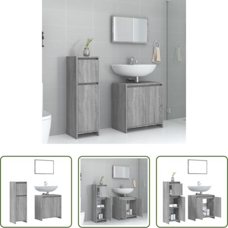 vidaXL Specchio da bagno -  Set Mobili da Bagno 3 pz Grigio Sonoma in Legno Multistrato
