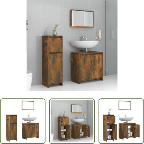 vidaXL Specchio da bagno -  Set Mobili da Bagno 3 pz Rovere Fumo in Legno Multistrato