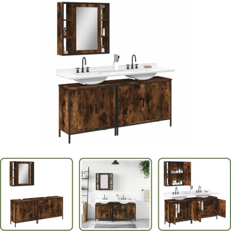 vidaXL Specchio da bagno -  Set Mobili da Bagno 3 pz Rovere Fumo in Legno Multistrato