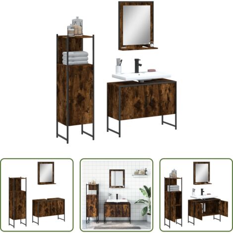 vidaXL Specchio da bagno -  Set Mobili da Bagno 3 pz Rovere Fumo in Legno Multistrato