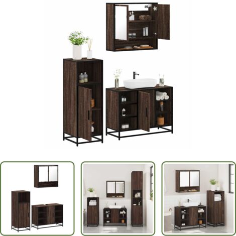 vidaXL Specchio da bagno -  Set Mobili da Bagno 3 pz Rovere Marrone in Legno Multistrato