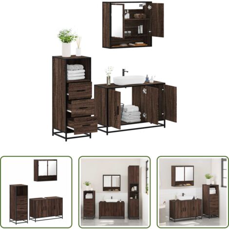 vidaXL Specchio da bagno -  Set Mobili da Bagno 3 pz Rovere Marrone in Legno Multistrato