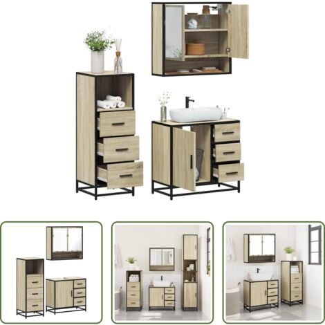 vidaXL Specchio da bagno -  Set Mobili da Bagno 3 pz Rovere Sonoma in Legno Multistrato